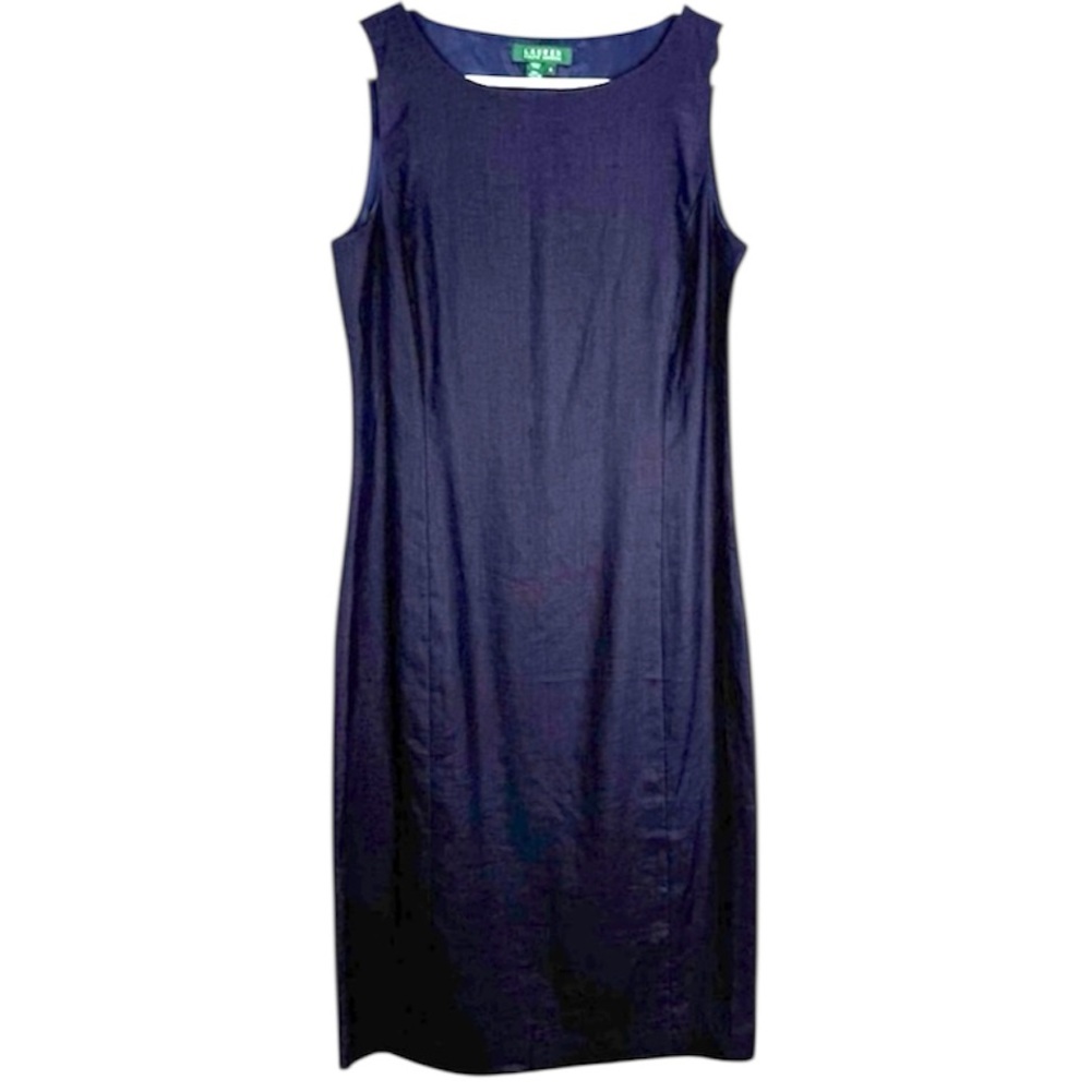 NWT Ralph Lauren 100% Linen Fully Lined Navy Blue Midi Shift Dress Size 8